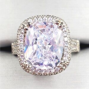 Cushion Cut White Diamond Simulants Silver Tone Pave Halo Engagement Ring